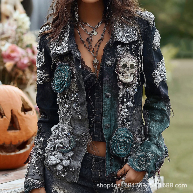 Vintage Fashion Stores - Jaket Bordir Tengkorak Mawar Gaya Gothic